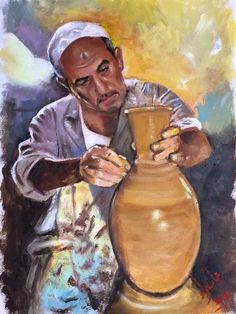 a painting of a man working on a pottery pot with one hand and the other