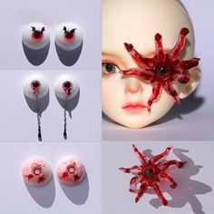 there are four different images of the same doll's head and earring set