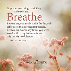 a quote about breathing with flowers in the foreground