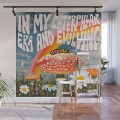 a wall mural in the living room with an image of a mushroom and rainbow on it