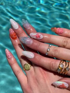 #nailart #summernails #nails #nailinspiration Summer Pearl Nails, Nails That Go With Gold Jewelry, Blue Beach Nails Summer Colors, Summer Nails Europe, Summer Nails Water, Water Theme Nails, Water Blue Nails, Pool Nails Designs, Star Fish Nail Art