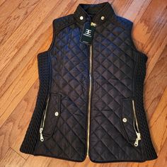 Nwt Equestly Quilted Black Vest With Lovely Faux Brown Suede Look Accents And Gold Zipper Size Xs Womens Black Quilted Vest, Black Quilted Vest, Black Quilted Jacket With Zipper Closure, Quilted Black Nylon Vest, Black Military Vest With Pockets, Black Vest, Quilted Vest, Black Quilt, Gold Zipper