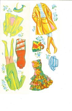 paper doll clothes and accessories are displayed on a white background