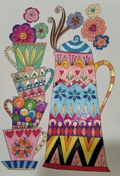 a drawing of flowers and vases on a white background