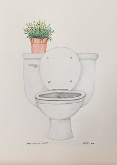 a drawing of a toilet with a potted plant on the tank