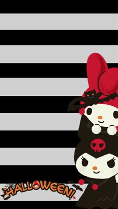 an image of two cats dressed up in halloween costumes with hearts on their heads, standing against a black and white striped background