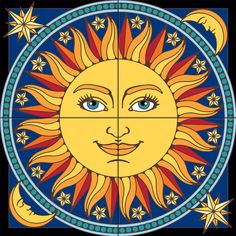 an image of the sun with stars and moon faces on it's face in a blue background