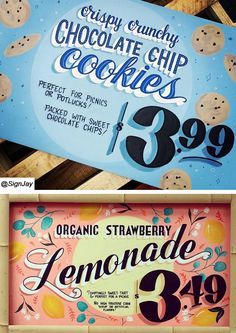 two signs advertising chocolate chip cookies and lemonade