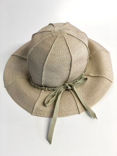 vintage ecru beige seamed panel raffia straw sun hat w/ pale sage grosgrain ribbon hatband trim elastic inner band & hatband 'Reggi of Wilshire' no size tag, fits small/medium 21 3/4 inch interior circumference excellent condition, no marks or flaws visible Adjustable Beige Cloche Hat For Garden Party, Fitted Beige Straw Hat For Vacation, Fitted Beige Summer Hat, Vintage Adjustable Summer Cloche Hat, Fitted Beige Brimmed Panama Hat, Fitted Beige Panama Hat With Brim, Fitted Beige Panama Hat For Summer, Fitted Beige Panama Hat, Fitted Beige Boater Hat For Vacation