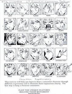 an anime storyboard with many different faces and expressions, including the character's name