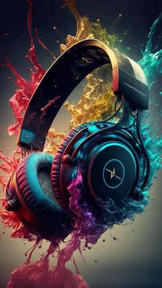 headphones with colorful paint splashing on them