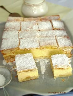 the cake is cut into squares and ready to be served