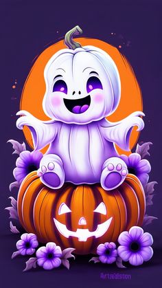 a cartoon ghost sitting on top of a pumpkin