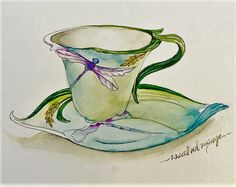 a watercolor drawing of a cup and saucer with a dragonfly on it