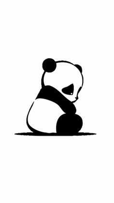 a panda bear sitting on the ground with its head up and eyes closed, in black and white