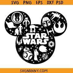 the star wars mickey mouse head is shown in black and white with an orange background