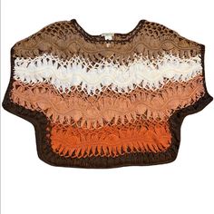 Wear It With A Top Or Long Sleeve Underneath. Super Soft Material In Brown, Off White, Peachy Brown And Rust. Beige Crochet Top For Fall Vacation, Beige Knitted Sweater For Vacation, Beige Crew Neck Sweater For Beach, Beige Crochet Top With Crew Neck, Beige Knitted Tops For Vacation, Beige Crochet Top With Crew Neck And Knit Fabrication, Beige Pointelle Knit Tops For The Beach, Brown Knitted Crochet Top For Summer, One Size Beige Sweater For The Beach