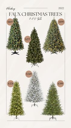 christmas trees are shown in different colors and sizes, with the price tag below them