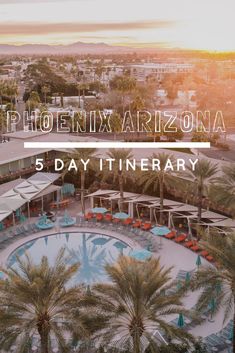 an aerial view of the pool and surrounding palm trees with text overlay reading 5 day itinerary