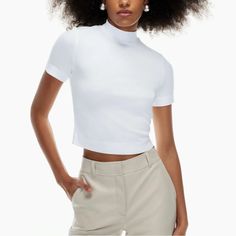 New With Tags Aritzia Babaton Mock-Neck Short Sleeve T-Shirt. A Bit Cropped, White Color. Perfect For Layering. Arrived With Very Small Discoloration Near Shoulder. Sold Out Online Size Small Chic Fitted Crop Top T-shirt, Fitted Short Sleeve Basic Tops, Basic Fitted Short Sleeve Tops, Chic Solid Fitted T-shirt, Chic White Stretch T-shirt, Chic Fitted Solid Color T-shirt, Trendy Fitted White Top, Classic Fitted Cotton Knit Top, Trendy White Fitted Top