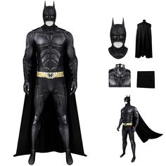 the batman costume is shown with all its accessories