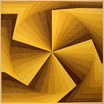 an abstract painting with yellow and brown colors in the center, on a beige background