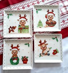 four christmas themed dishes on a red and white tablecloth with holly wreaths, reindeer