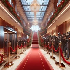 a red carpeted hallway with gold barriers and christmas wreaths on the walls, surrounded by photographers