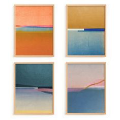 four abstract paintings in different shades of blue, orange and pink on white paper with wooden frames