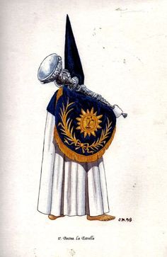 a drawing of a man wearing a blue and white outfit with gold trimmings