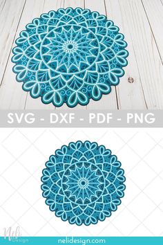 a blue doily is on the floor next to a white wooden background with text that reads svg - dxf - pdf - png