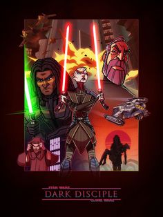 star wars the old republic dark disple poster with characters and lightsabens