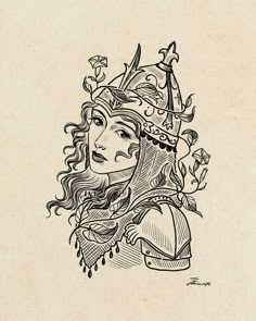 a black and white drawing of a woman wearing a crown