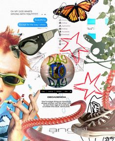 a collage of various items including shoes, sunglasses and an orange butterfly on top of it