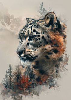 a digital painting of a snow leopard with trees in the background