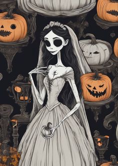 a drawing of a skeleton bride with pumpkins in the background