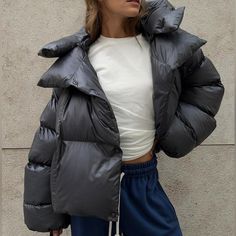 Deep Grey Color Oversized Puffer Jacket W Fabulous Big Hood That Detaches Brand New In Package Winter Coat Short, Oversized Puffer Jacket, Flannel Fashion, Winter Shorts, Long Sleeve Outerwear, Women Street, Padded Coat, Cotton Coat, Women Long Sleeve Tops