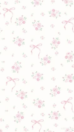 a white background with pink flowers and ribbons