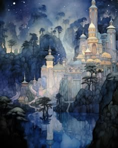 a painting of a castle in the middle of a forest at night with stars above it