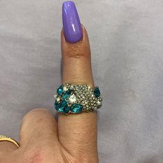 Beautiful Turquoise And White Rhinestone Stretchy Band Ring. Crystal Jeweled Party Rings, Blue Jeweled Jewelry For Anniversary, Jeweled Crystal Ring For Party, Turquoise Gemstone Jewelry For Party, Blue Jeweled Rings For Gifts, Rhinestone Open Ring For Party, Rhinestone Open Ring Jewelry For Party, Blue Jeweled Rings For Gift, Blue Crystal Rings For Party