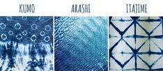 four different types of tie - dyed fabrics with the words, komo, arashi, and atashi