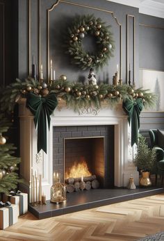 a christmas fireplace decorated with gold and green decorations