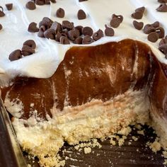 a cake with white frosting and chocolate chips on it's side, in a pan