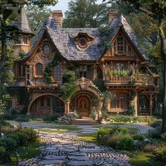 this is an artist's rendering of a fairy tale house in the middle of a forest