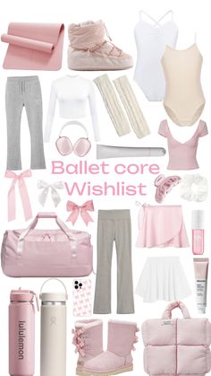 a collage of pink and white items with the words ballet core wishlist