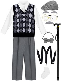 PRICES MAY VARY. Rich combination: 100th day of school costume set includes 1 vest waistcoat, 1 grandpa suit pant, 1 shirt, 1 old man costume hat for kids, 1 grandpa glasses,1 old man moustache and eyebrows set, 1 Y-back elastic suspender, 1 x bow tie, 1 old men cane, 1 socks. Nice 100 days of school costume set: old man outfit match up with a newsboy hat and old man beard with eyebrow can increase the appearance of your age in the matter of seconds, good for 100th day of school costume party. R Dress Up Like A Teacher Boy, Dress Up Days Elementary School, Old Person Costume For Kids 100th Day, Diary Of A Wimpy Kid Costume Printable, Book Costumes For Boys, Old Man Costume For Kids, 100 Days Of School Costume, Grandpa Costume, Old Man Outfit