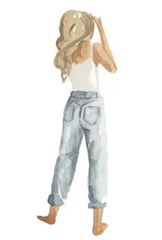 a watercolor painting of a woman wearing jeans and a white tank top with her hands behind her head