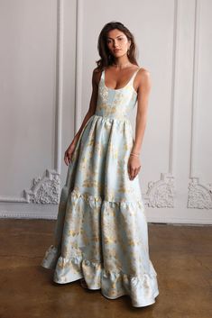 The Avery Dress in Ballad Blue Baroque Floral – V. Chapman Bridesmaid Floral Dress, V Chapman, Baroque Floral, Bridesmaid Ideas, Vintage Silhouette, Brocade Fabric, Feminine Outfit, Classic Silhouette, Perfect Party