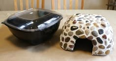 a cat bed and bowl sitting on top of a table