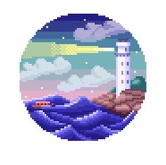 a pixellated image of a lighthouse on the ocean with waves in front of it